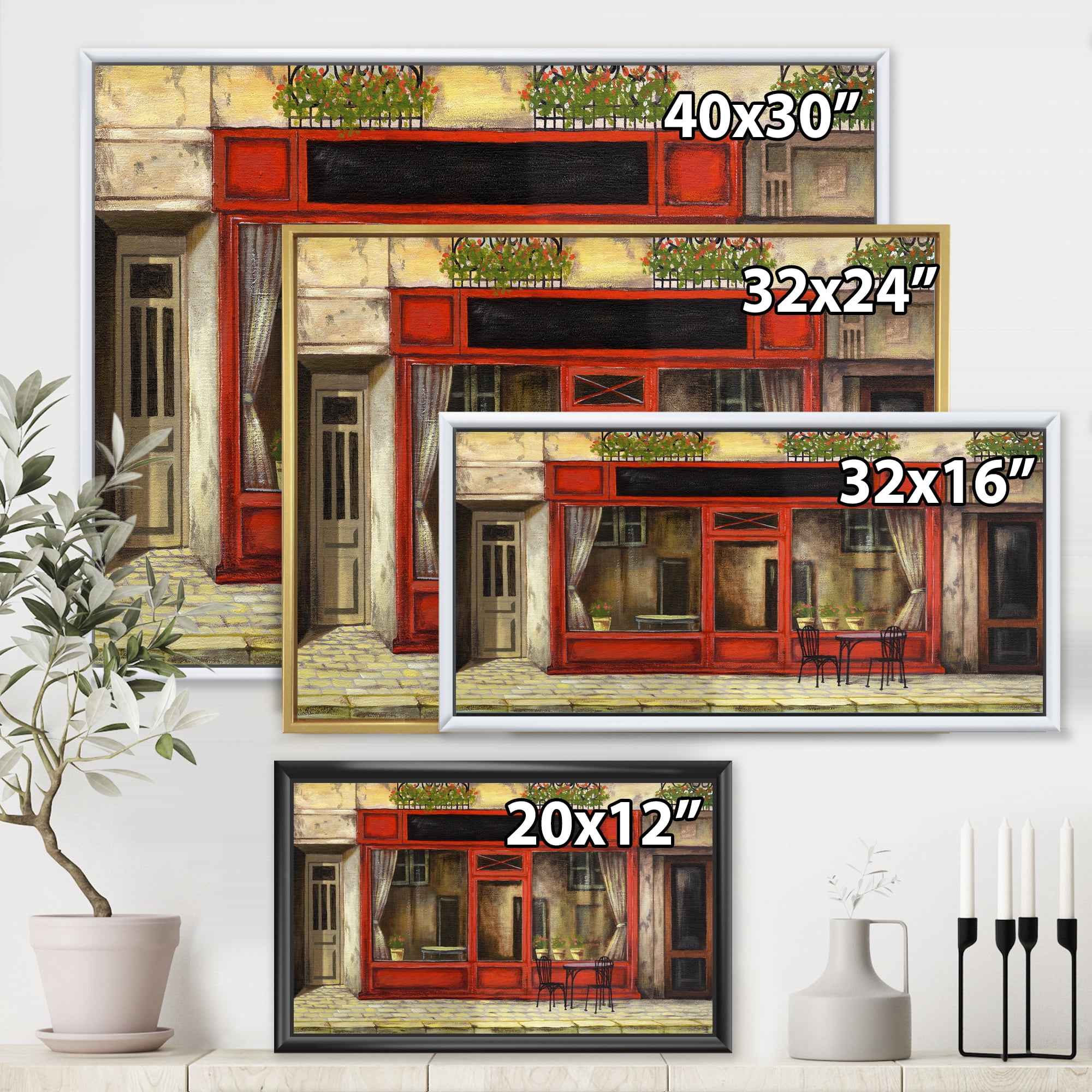 Designart 'Red Facade of Charming Shop In Paris Street I' French Country Framed Canvas Wall Art Print
