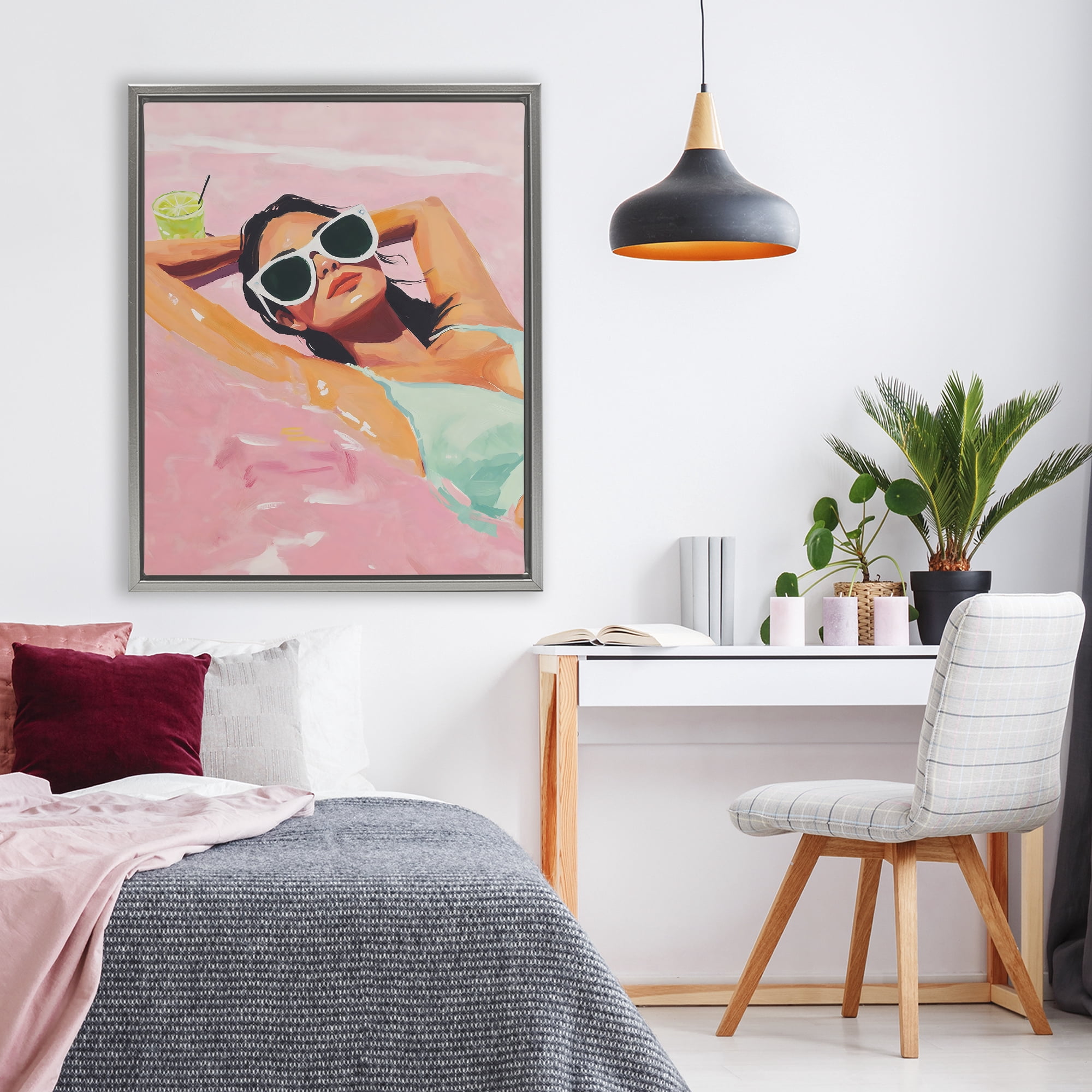 Stupell Industries Trendy Summer Girl Gray Framed Floater Canvas Wall Art, design by The Prints Vibe