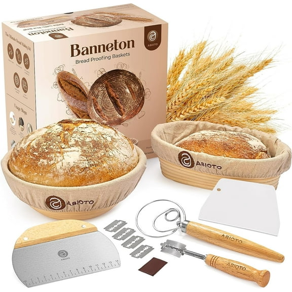 Sourdough Bread Baking Supplies and Proofing Baskets, A Complete Bread Making Kit Including 9" Round & 10" Oval Bannetons, Bread Lame, Danish Whisk, Bowl & Dough Scrapers, and Linen Liners