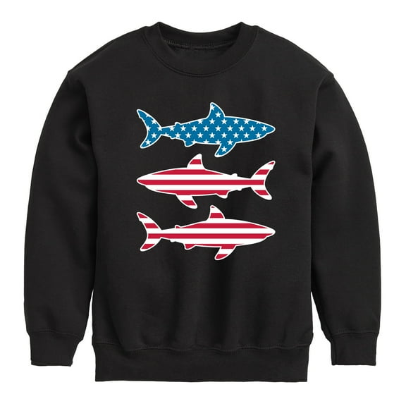 Instant Message - 4th of July - Shark American Flag - Toddler & Youth Crewneck Fleece Sweatshirt