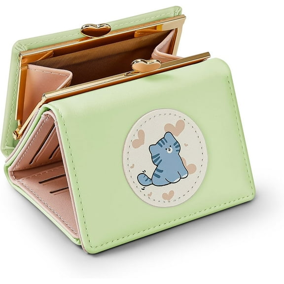 Wallet Women, Small Cute Cat Trifold Wallets Woman, Ladies Wallet with Heart Shaped Kiss-lock Coin Purse Pouch with ID Window for Card Cash Change