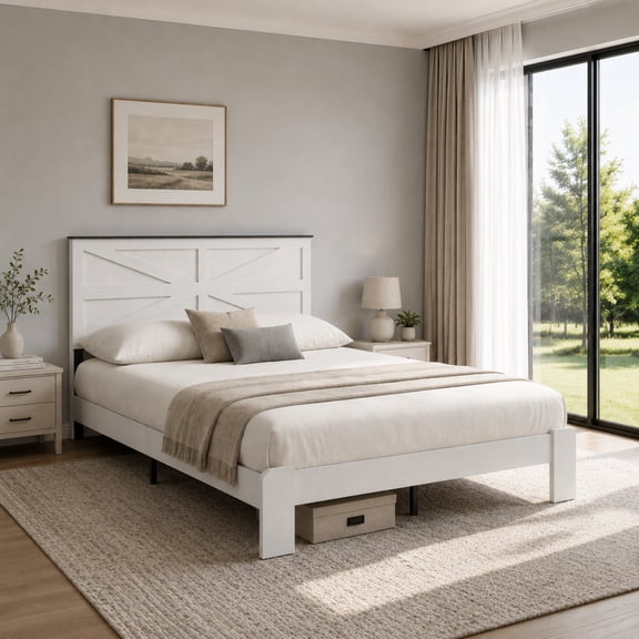 BSHTI Queen Metal Wood Platform Bed Frame with Headboard, No Box Spring Needed, Under-Bed Storage for Bedroom(White)