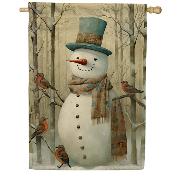 America Forever Snowman Feathered Friends Teal Hat Double Sided House Flag, 28 x 40 inch Winter Birds Banner, Seasonal Outdoor Decor, Holiday Outside Decorations Yard