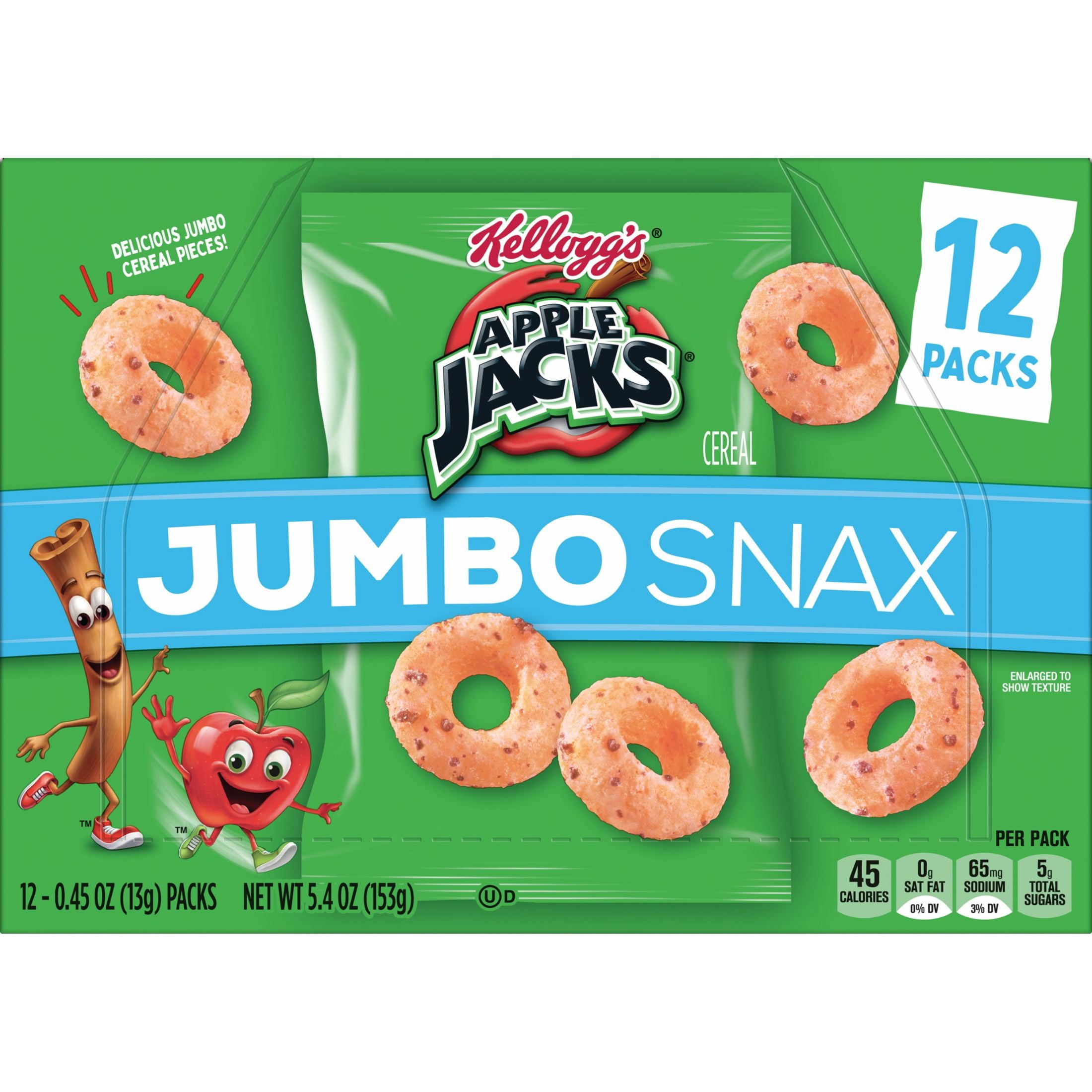 (3 pack) Kellogg's Apple Jacks Jumbo Snax Cereal Snacks, Lunch Box Snacks, Original, 5.4oz Box (12 Pouches)