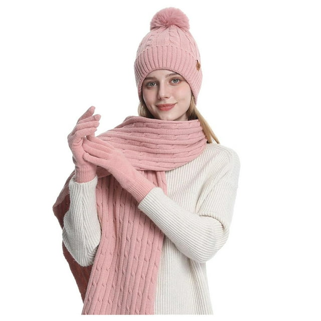 Solid Color Winter Hat Scarf Gloves Set Double Layer Wool Warm Three Piece Accessories for Cold Weather