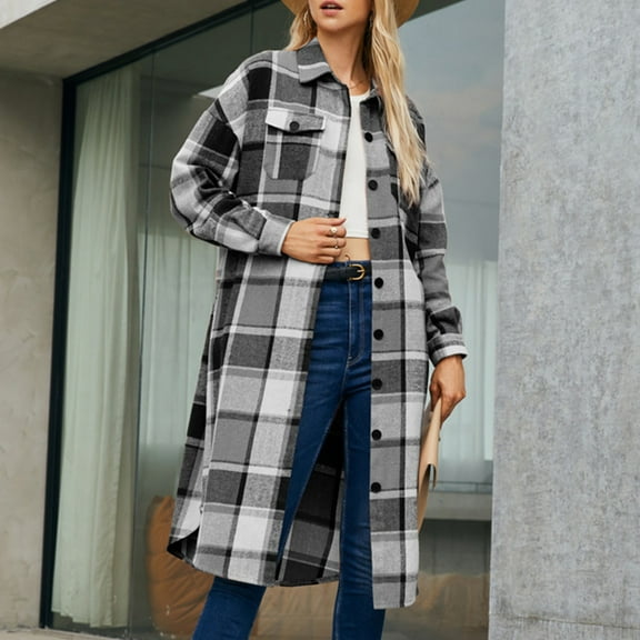Warm Winter Long Wool Coats for Women Oversized Fall Long Sleeve Plaid Jacket Work Out Lapel Collar Button Down Split Jacket with Chest Pocket