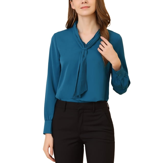 INSPIRAR CHIC Blusas de Manga Larga para Mujeres de Chifón con Pliegues y Cuello con Lazo, Camisa de Oficina, Color Azul Pavo Real