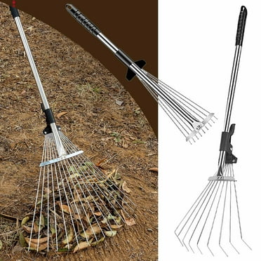 Adjustable Garden Leaves Rake,Upgrated Heavy Duty Stainless Steel Small Leaves Tool with Adjustable Handle Expandable Lawns Yards Leaf Rake for Gardening Camping Yard Grass