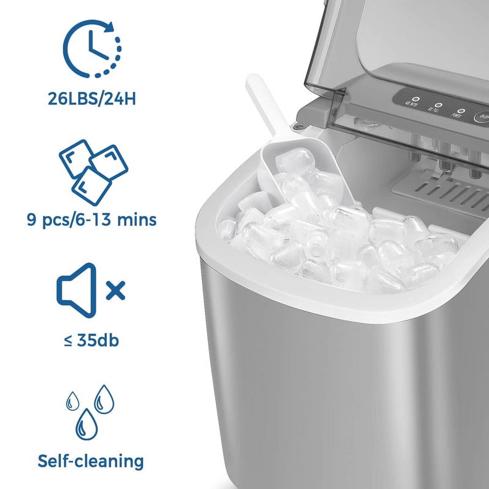 YUKOOL Countertop Ice Maker with Handle Portable Ice Maker, 26lbs/24 Hours, 6 Minutes/9 Ice Cubes, S/L Bullet Ice, Self Cleaning, Suitable for Home, Kitchen, Office, Leisure Area(GREY)
