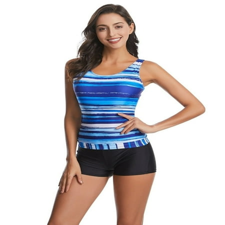 Ochine Womens Tankini 2 Pieces Sleeveless Floral Striped Sea Waves Print Swimsuits Set Tank Top with High Waisted Boyshorts Swim Suits Bathing Suit Summer Bikini Beach Sports S-XXL