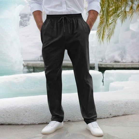 Men's Solid Color Casual Straight Leg Long Pants Drawstring Elastic Waist Trousers with Pocket New Mens Cargo Work Pants Black M