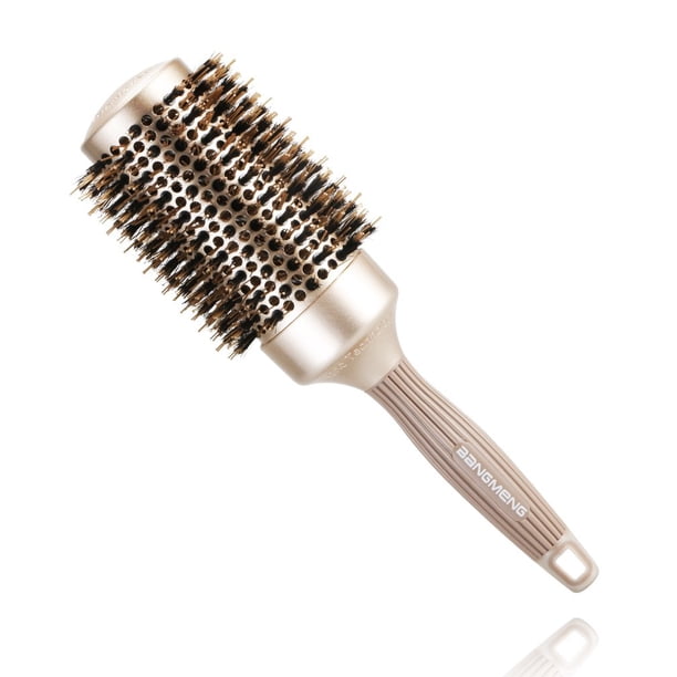 BANGMENG Cepillo de pelo antiestático de barril redondo con cerdas de jabalí Nano Thermal Ceramic Ionic Tech | Para mayor brillo | Protege el cabello Mejora la textura para alisar y secar (2 pulgadas)