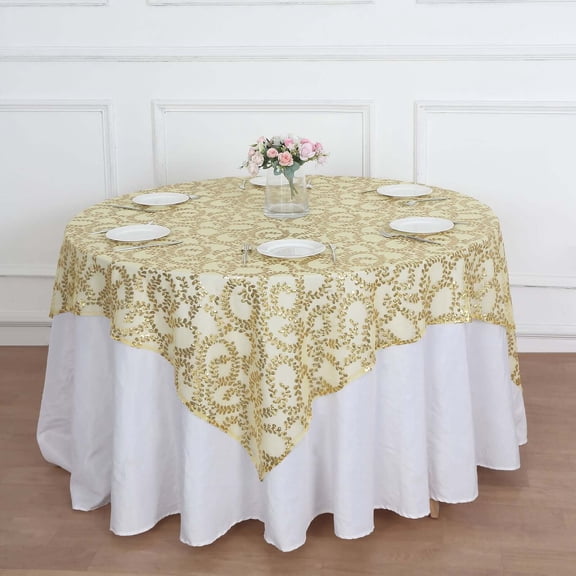 Efavormart 72"x72" Gold Sequin Leaf Embroidered Seamless Tulle Table Overlay, Square Sheer Table Topper