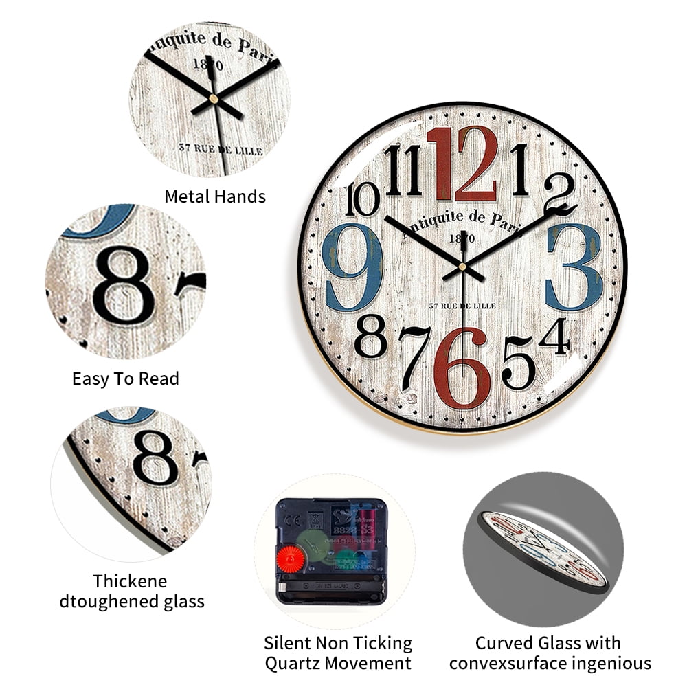 VOCOO Glass Silent Classic Retro Wall Clock , 12 Inch Large Round Quartz Clock Battery Operated Non Ticking Easy to Read Decoration for Bedroom Living Room Kitchen Home Office