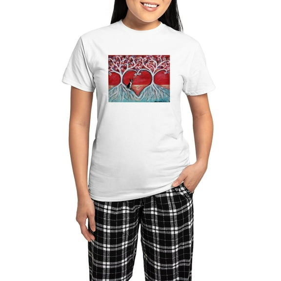 CafePress - Boston Terrier Love Heart Trees Pajamas - Women's Short Sleeve Print T-Shirt and Pants Light Cotton Pajama Set
