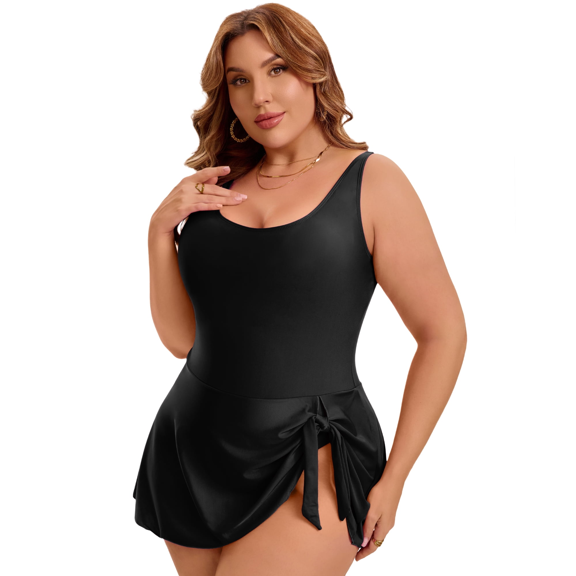 DARING DIVA Women's Plus 1 Piece Tummy Control Push Swimdress 3X Black