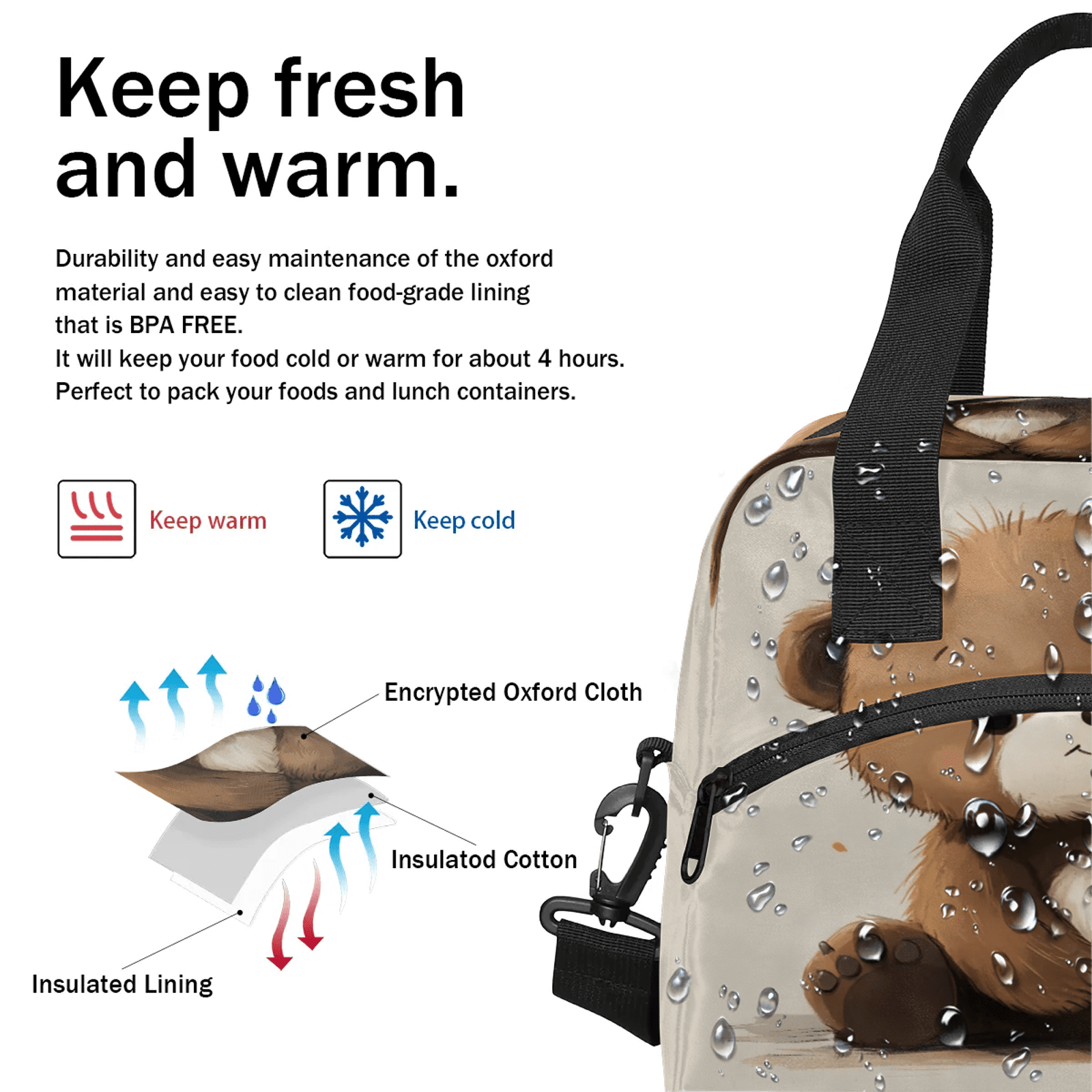 Herdesigns Brown Lunch Bag for Women Men Adult, Bear Large Insulated Reusable Lunch Box Leakproof Portable Cooler Tote Bags for Work Picnic Beach