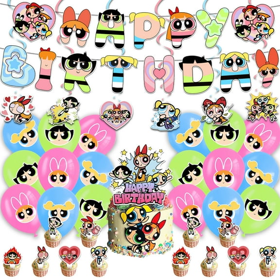 The Powerpuff Girls Themed Birthday Party Decoration Set, 36pc Includes Banner, Cake Toppers, Balloons, and Cupcake Decorations.