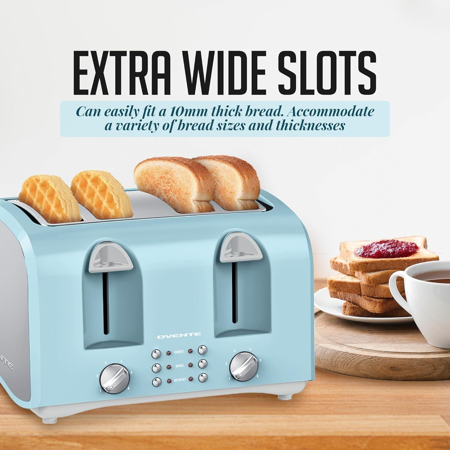 OVENTE Electric 4-Slice Toaster Machine with 6-Shade Selector Setting, Cancel Button, Defrost Function, Crumb Tray, 1400W Power and Wide Slots for Bagels, Waffles and Puff Pastry Light Blue TS4410LBL