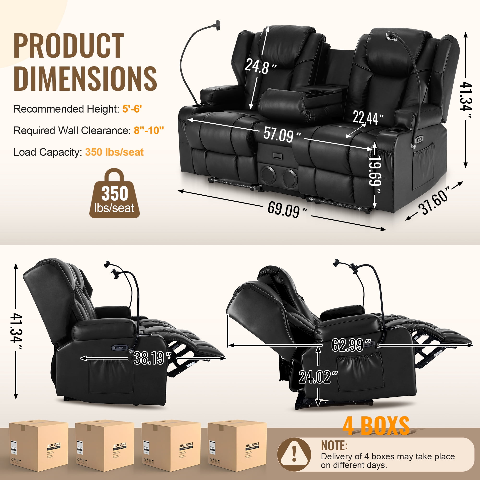 ROOMARK Loveseat Recliner Double Recliner RV Sofa & Console | Wall Hugger Loveseat Reclining RV | RV Theater Seats | RV Couch | RV Home Theater Seating Furniture