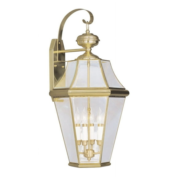 16 inch 4 Light Polished Brass Outdoor Wall Lantern Pendant Lighting Fixture with Clear Beveled Glass Shade backed with Hand Crafted Solid Brass material for patio, front porch, entryway and more