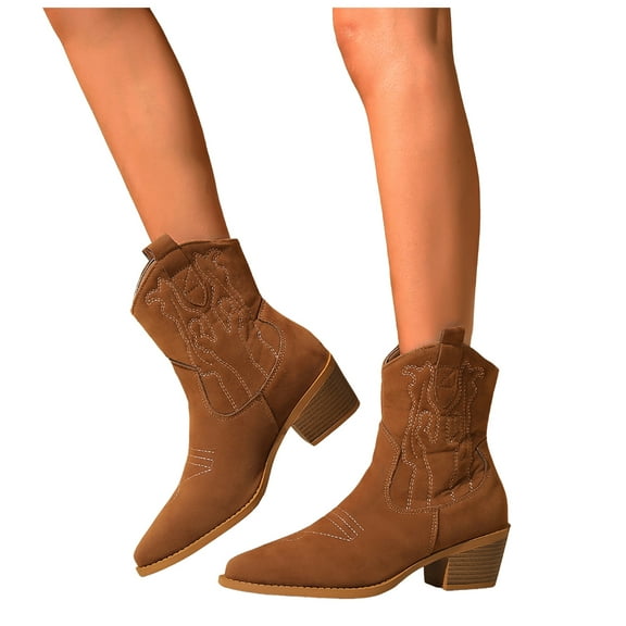 Women's Western Cowgirl Cowboy Boots Casual Suede Pointed Toe Brown Wide Mid Calf Chunky Heeled Short Booties