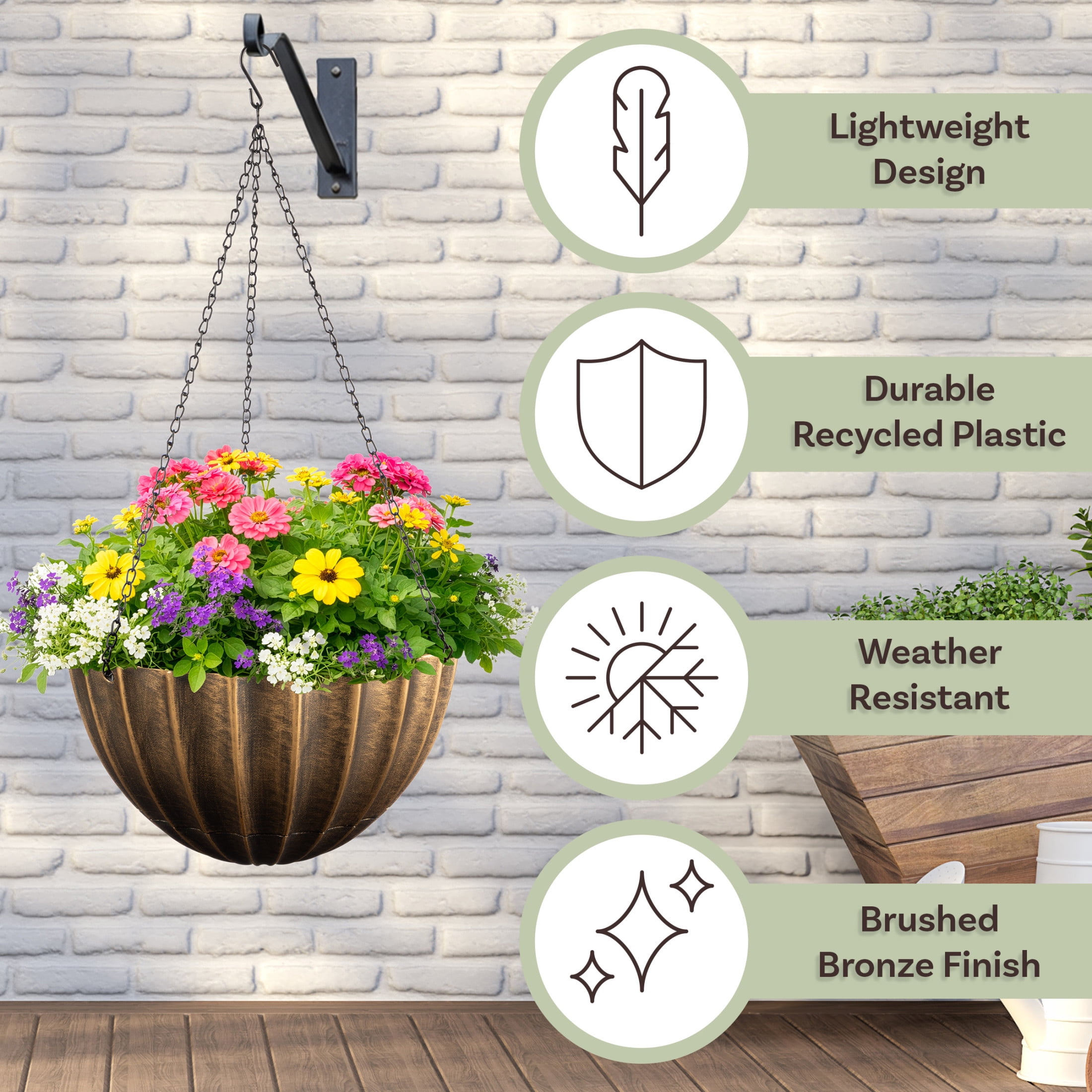 Pure Garden 10.25in Durable Plastic Hanging Planter 2-Pack with Drainage Reservoir, Bronze