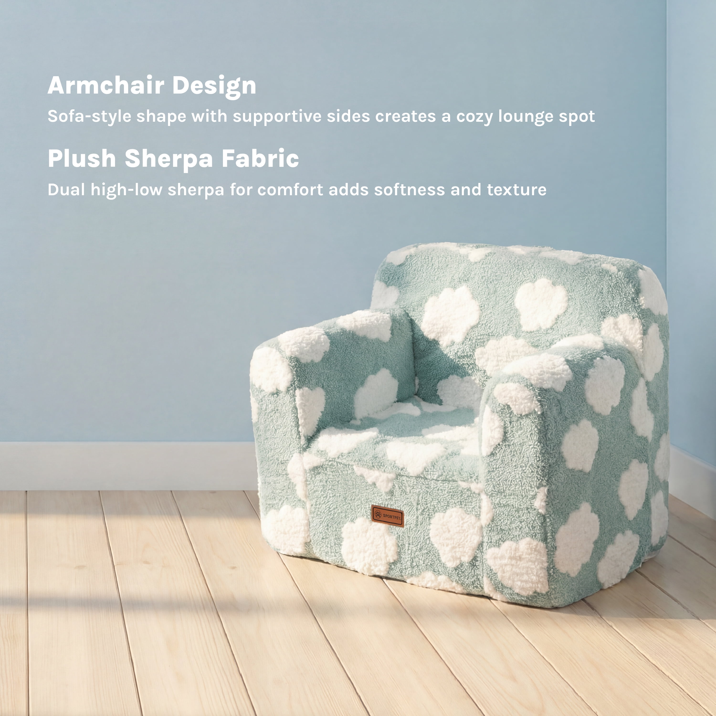 SportPet Sherpa Lounge Chair Pet Bed, with Cloud Print, Blue, One Size