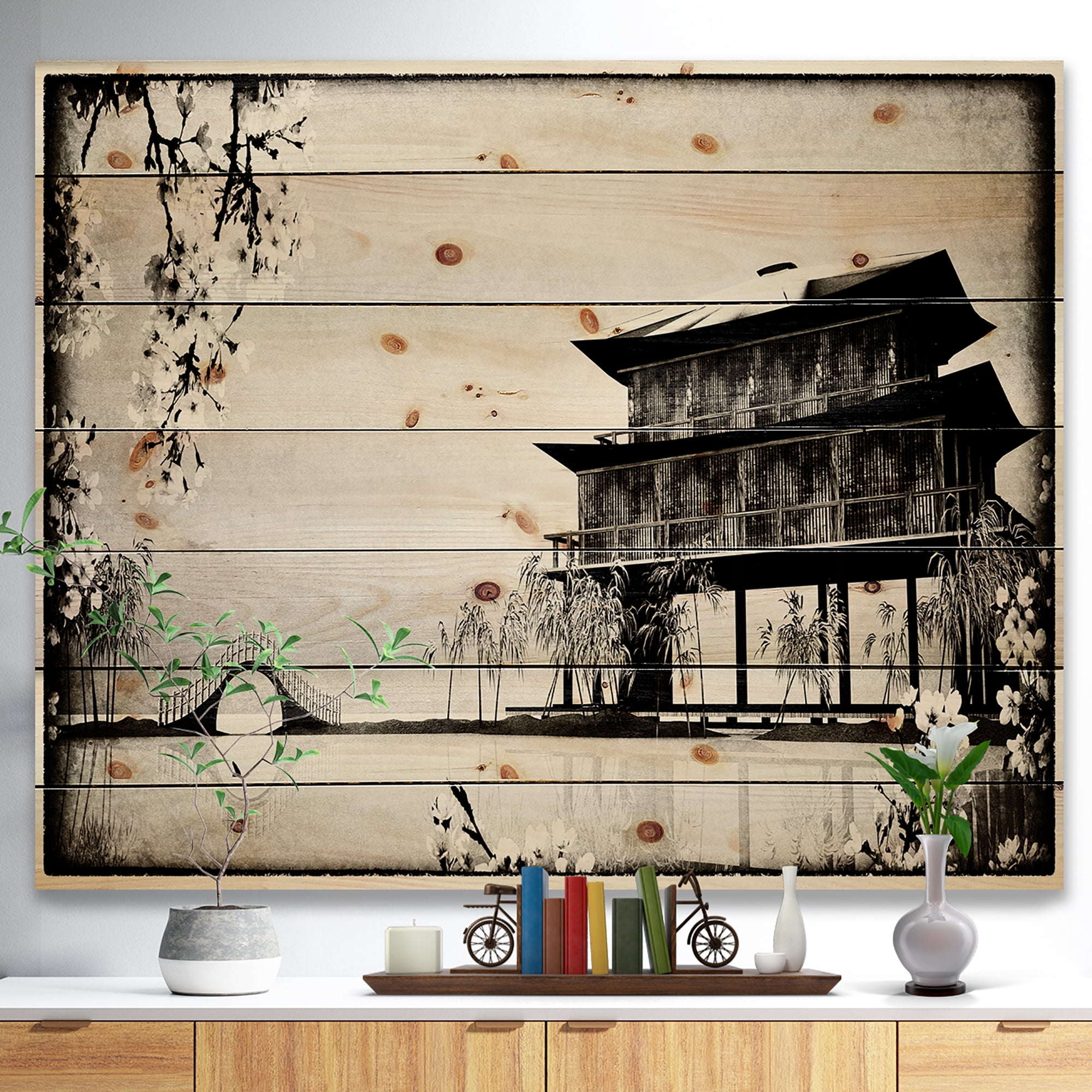 Designart Chinese Ink Painting Landscape Print on Natural Pine Wood Painting, 20" x 12"