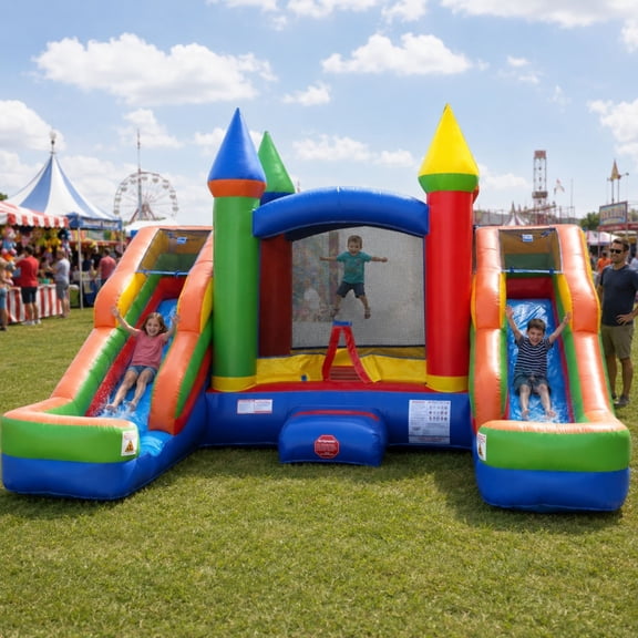 Pogo Bounce House Crossover Double Water Slide Bouncy Castle Combo Rainbow 16.5 ft L x 15 ft W x 11 ft H