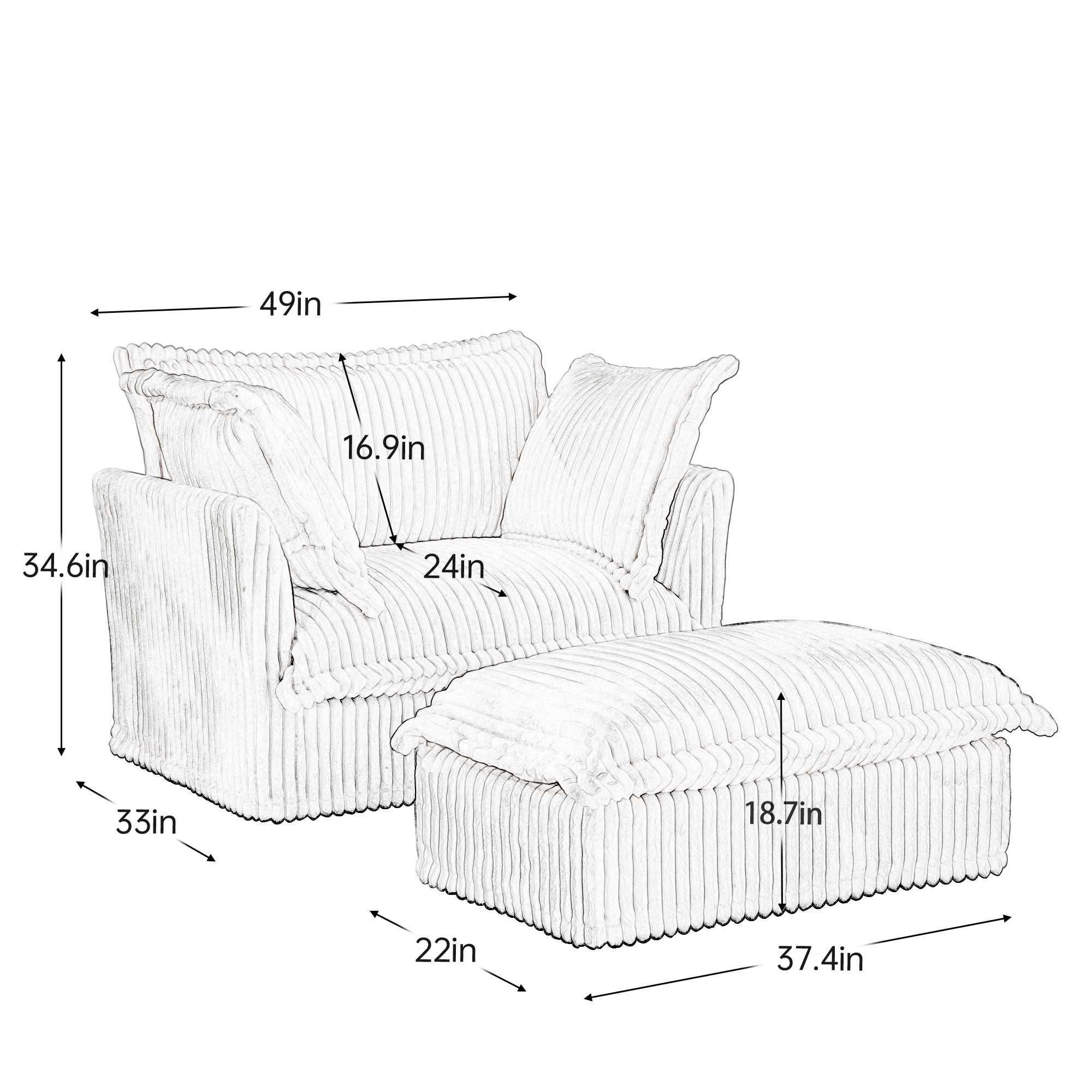 Gewnee Deep Seat Armchair with Ottoman, Camel Corduroy Fabric with Large Soft Pillows(Set of 2) for Living Room