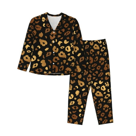 2 Piece Womens Pajama Sets - Trendy gold leopard black Soft Sleepwear Comfy Pajamas Ladies Pj Lounge Sets with Pockets  Long Sleeve Button Shirt and Pajama Pants Pjs Sets for Women