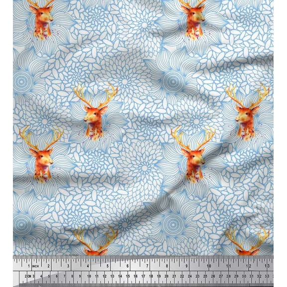 Soimoi Cotton Cambric Fabric Artistic Flower & Reindeer Face Animal Fabric Prints By Yard 56 Inch Wide
