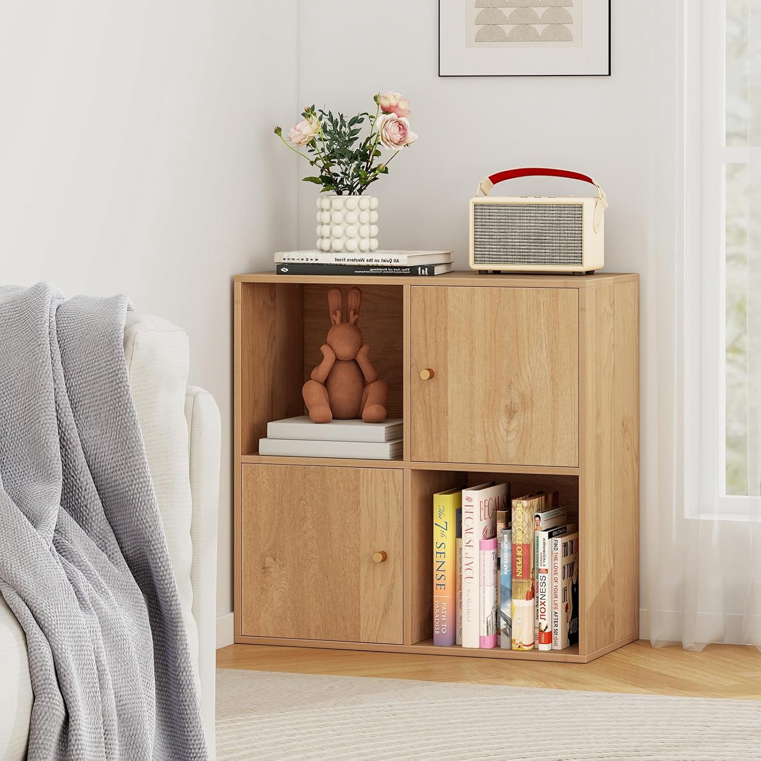 CRXX 4 Cube Bookcase, 2 Tier Bookshelf with Doors & Open Storage, Wooden Bookshelves & Bookcases, Modern Display Shelf, Small Book Shelf for Bedroom, Living Room, Home Office (Natural, 4 Cubes)