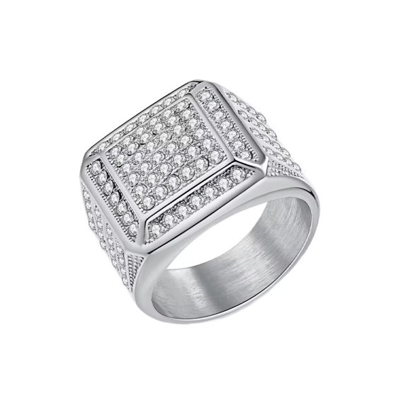 HIJONES Mens Stainless Steel Micro Pave CZ Square Chunky Ring Hip Hop Wedding Statement Finger Band Silver Size N 1/2