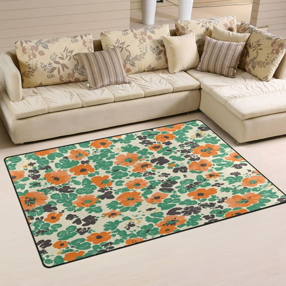 Orange Green Floral Print Soft Polyester Area Rug 31''x20'', Non Slip, Memory Foam, Water Absorbent