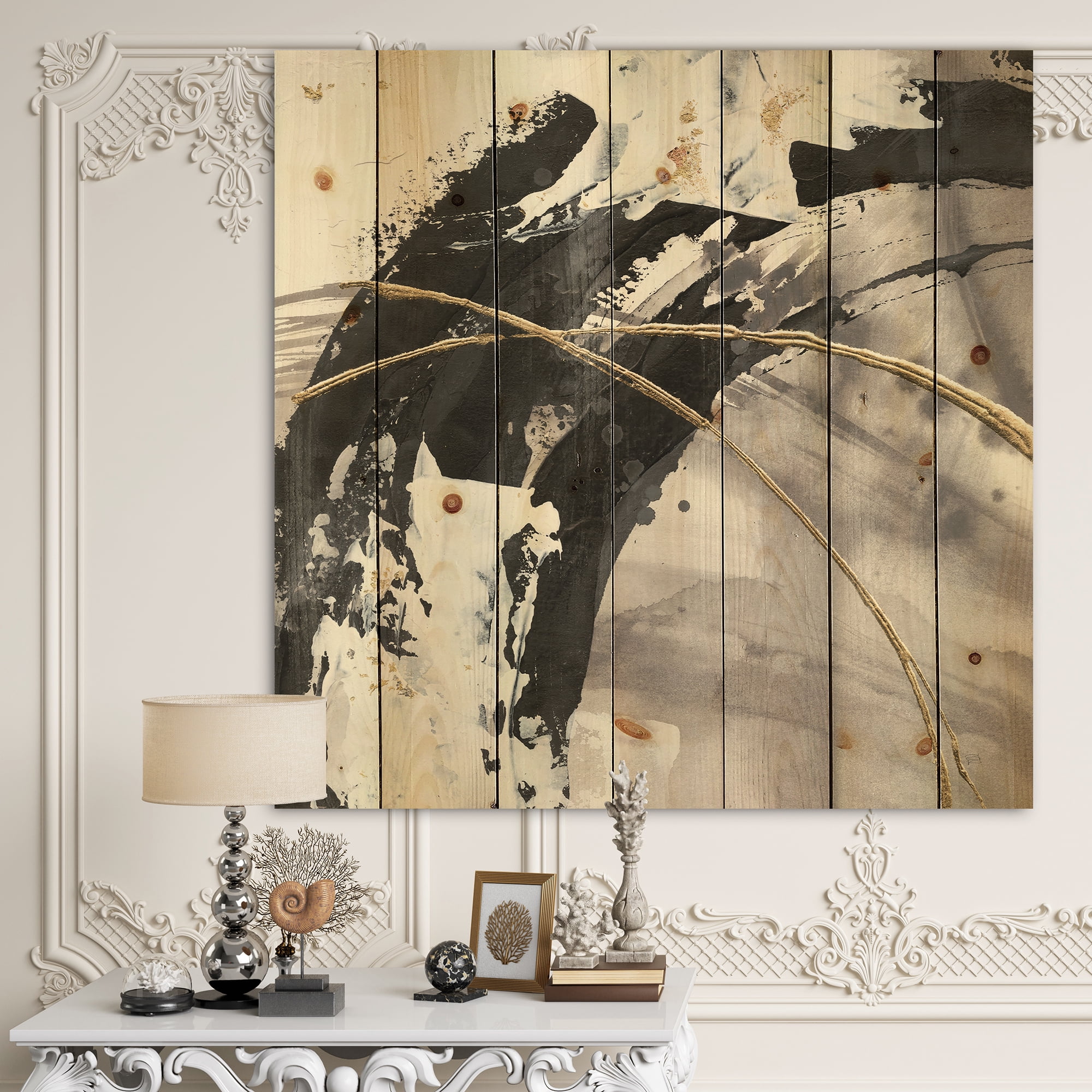 Designart 'Glam Fractal Arcs I' Transitional Print on Natural Pine Wood