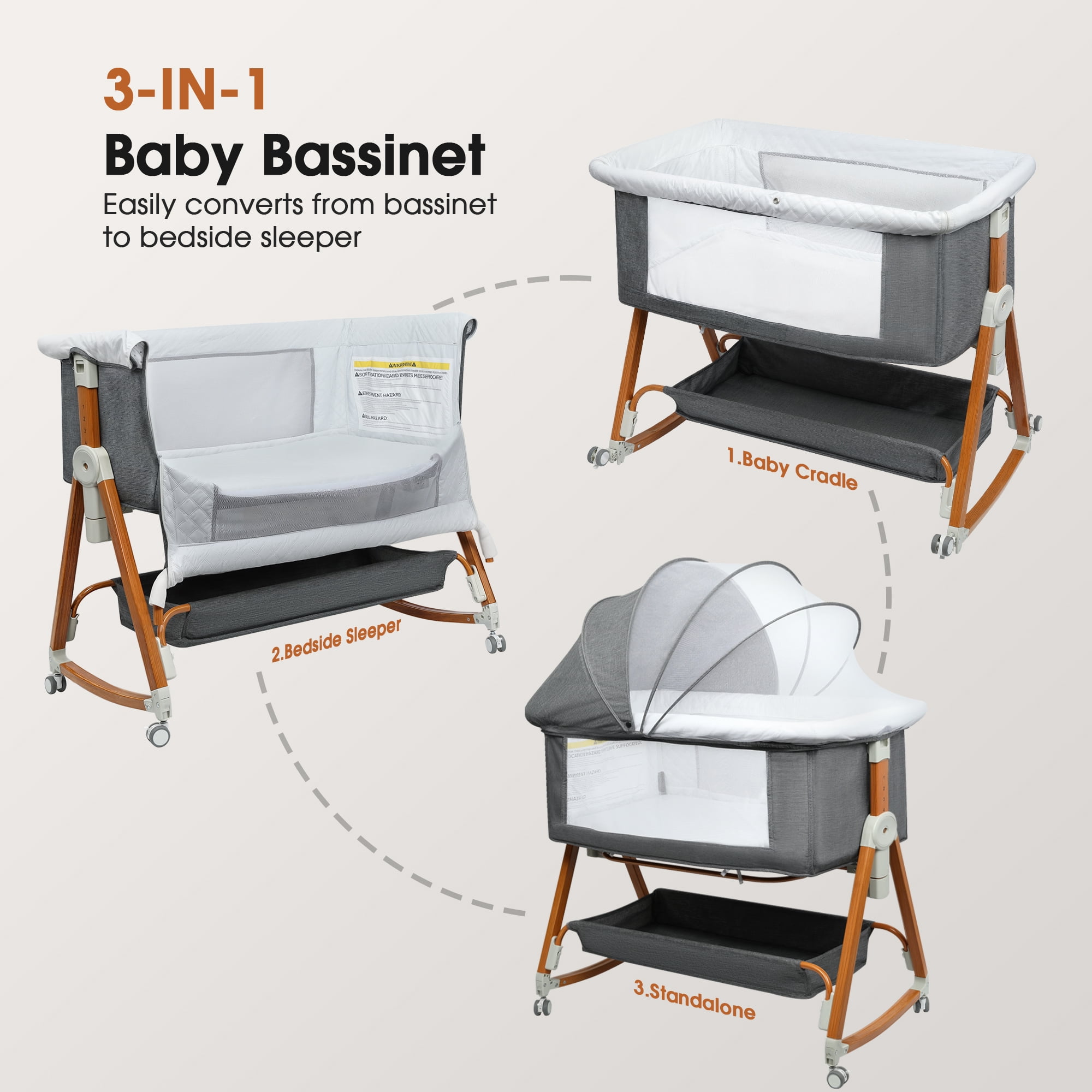 GOOVI Baby Bassinet with Storage Shelf, Gray Co-Sleeper Bassinet