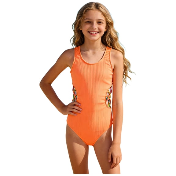 Hessimy Girl Bathing Suit Set Quick Dry One Piece Cut Out Swimwear Set(Orange,9-10 Years)