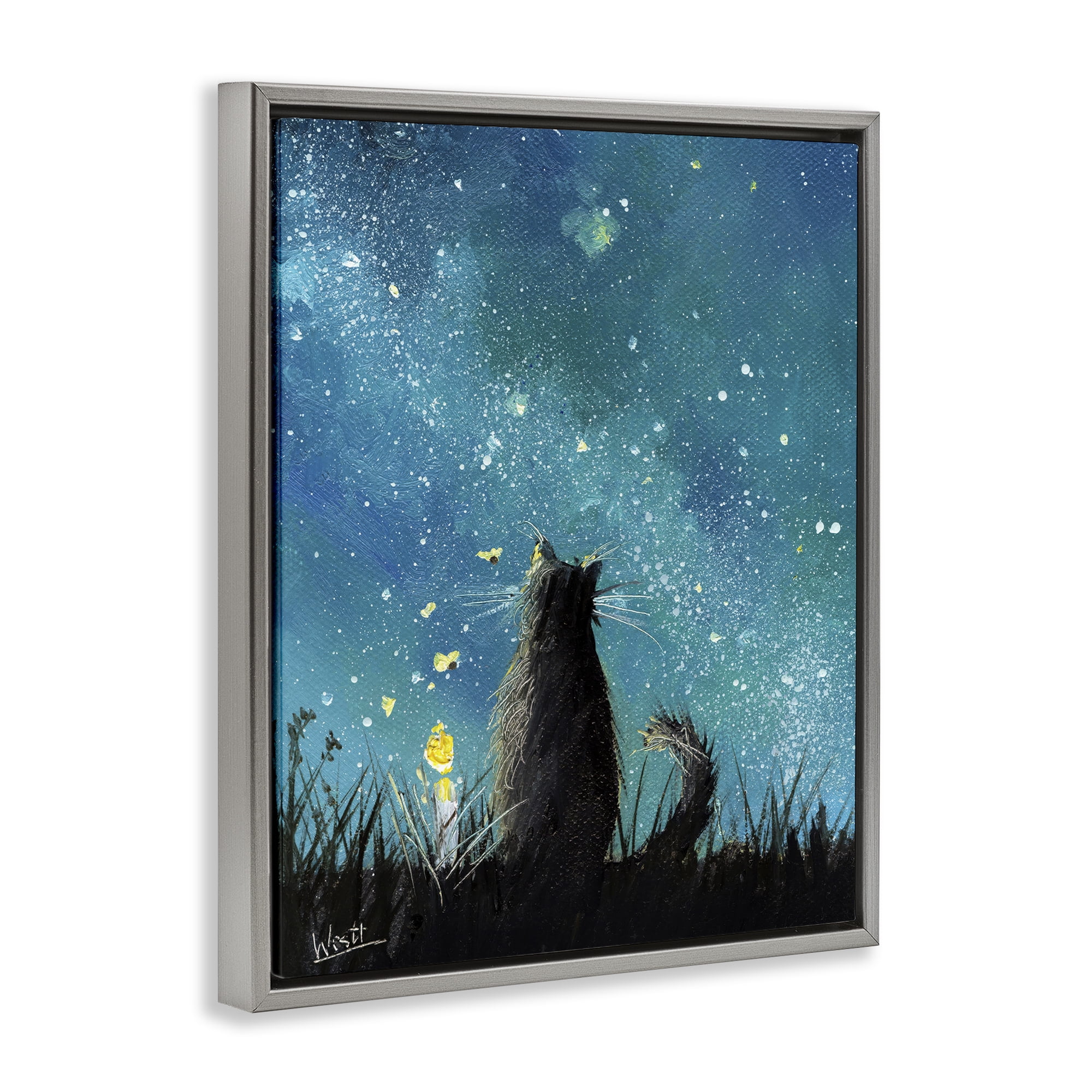 Stupell Industries Cat Gazing at Stars Astrology & Stars Painting Gray Floater Framed Canvas Art Print Wall Art, 17 x 21