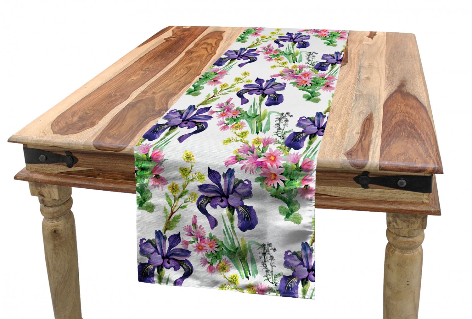 Floral Table Runner, Watercolor Style Summer Garden Blooming Purple