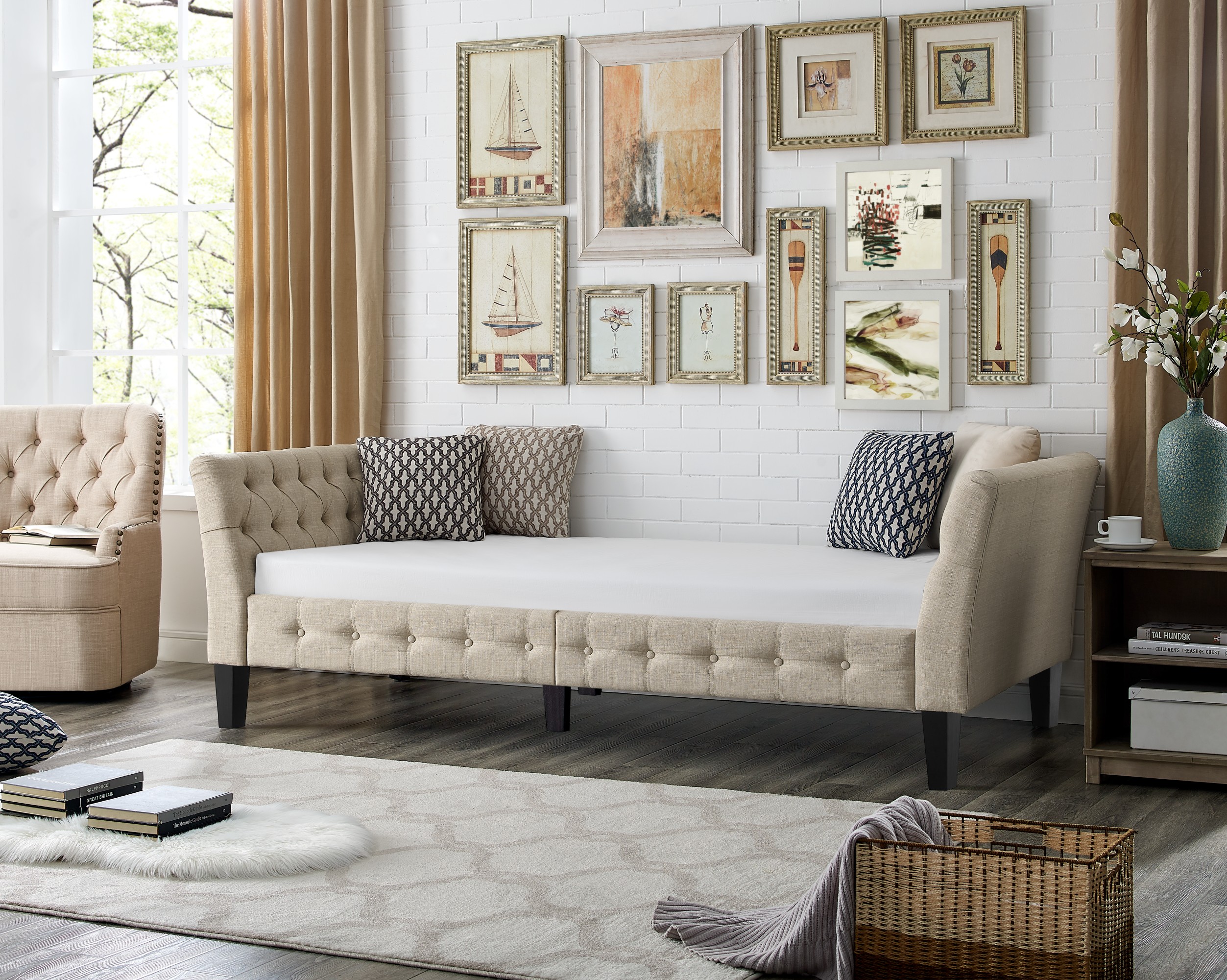 Gewnee Beige Twin Size Sofa Bed, Linen Upholstered with Solid Rubber Wood Legs for Living Room, Apartment, Guest Room