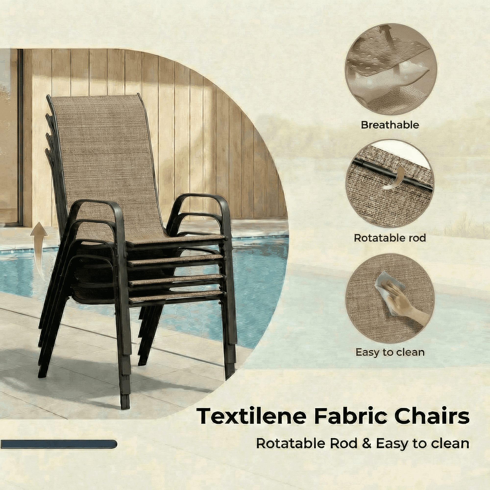 Pirecart 5-Piece Outdoor Patio Dining Set with 4 Textilene Chairs and Square Table, Brown