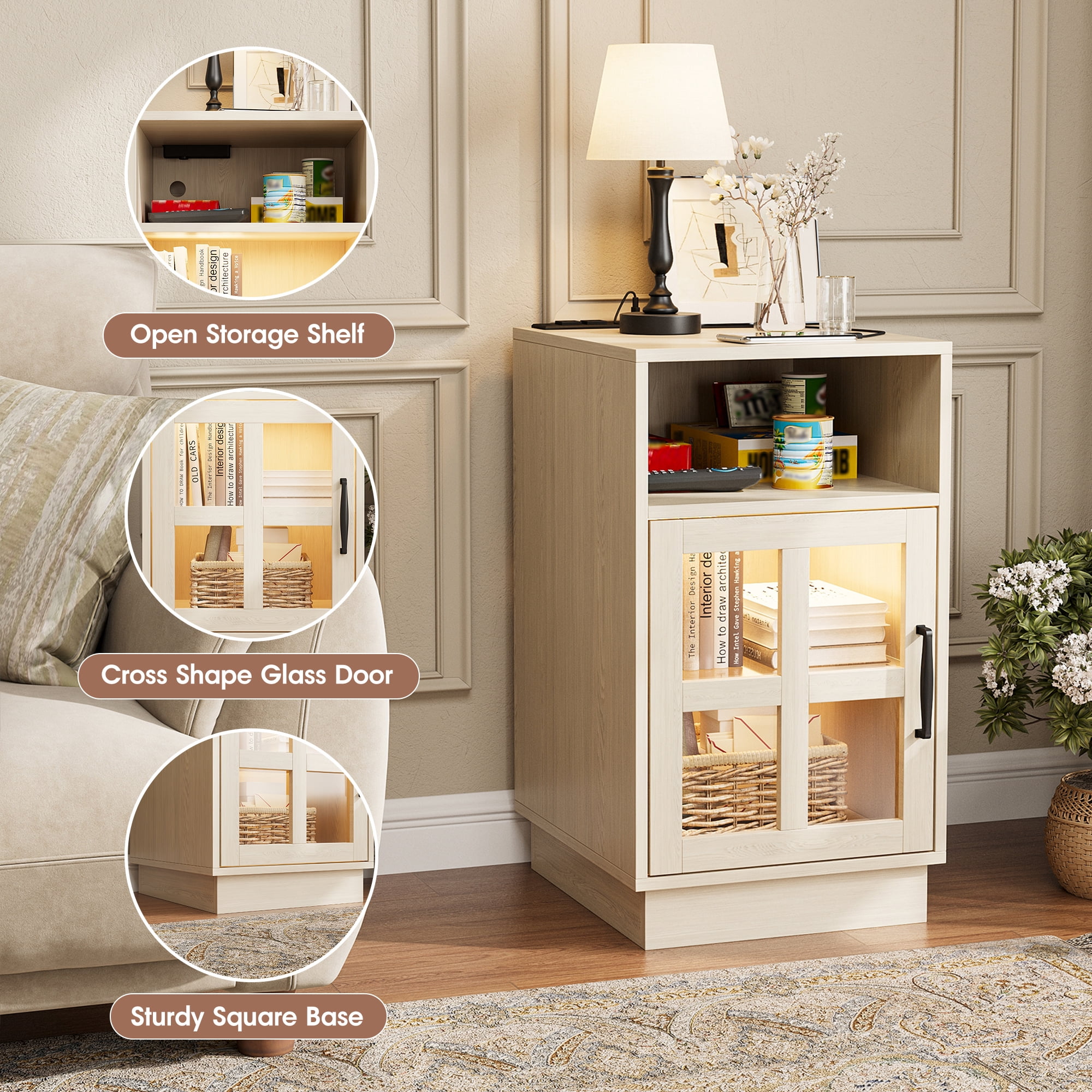 VEANERWOOD End Tables for Living Room with Charging Station & LED Light, Nightstand for Bedroom with Glass Door and Adjustable Shelf, Beige