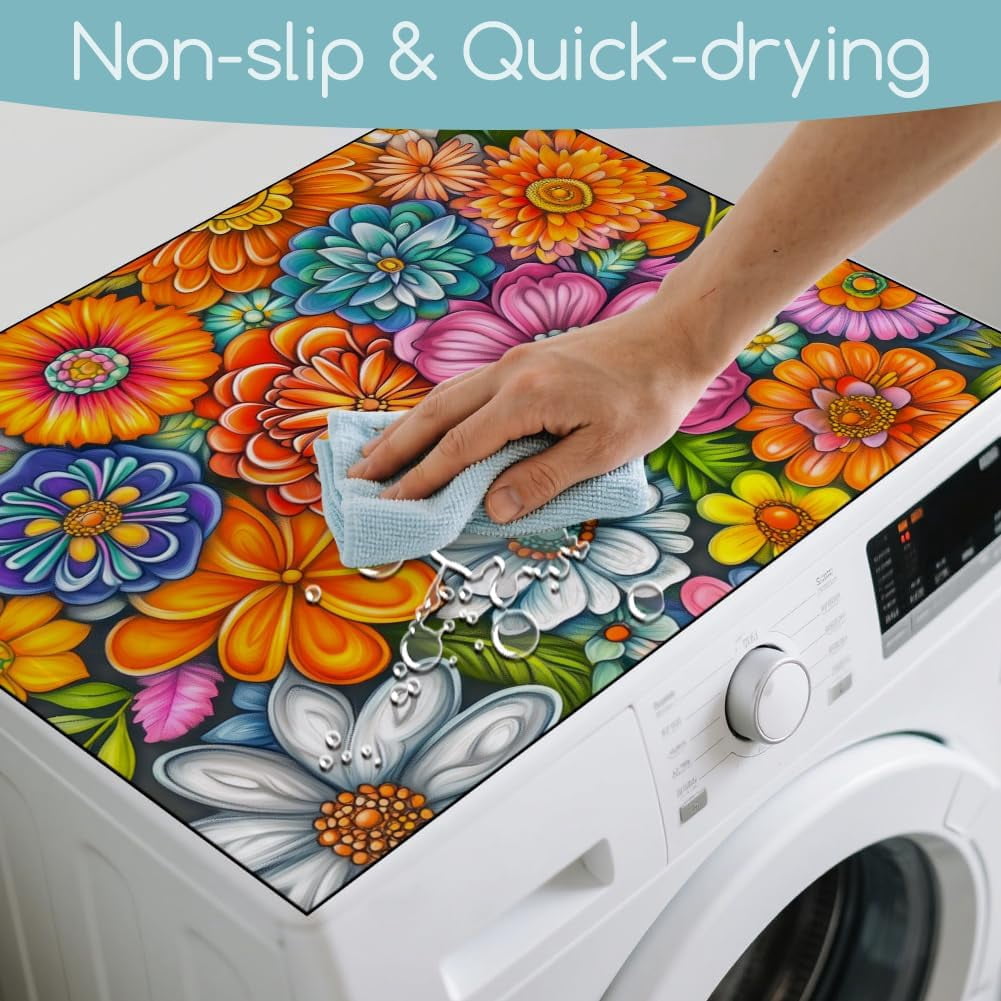 Boho-Flower Washer Dryer Dust Cover 23.6×19.7inch Mandala Washing Machine Top Protector Pads Non Slip Washing Machine Top Covers
