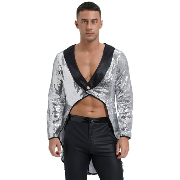 CHICTRY Mens Ringmaster Circus Show Dress-up Sequins Tuxedo Tailcoat Magician Blazer Jacket Silver M