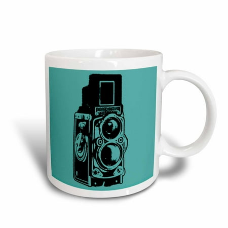 3dRose Picture of a Vintage Twin Lens reflex TLR camera on cyan, Ceramic Mug, 15-ounce