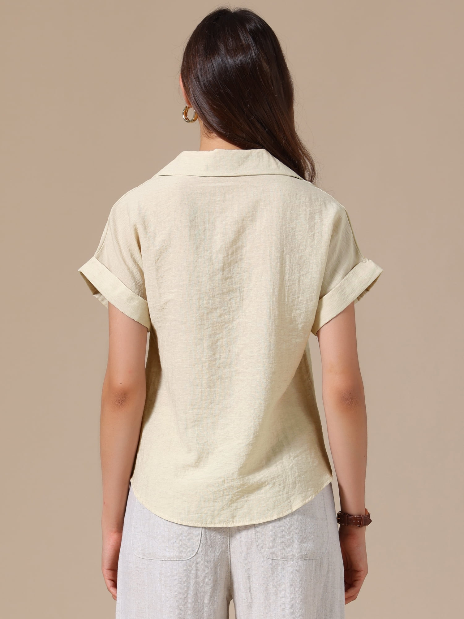 DARING DIVA Women's Button Up Casual Work Short Sleeve Collared Blouse XL Khaki