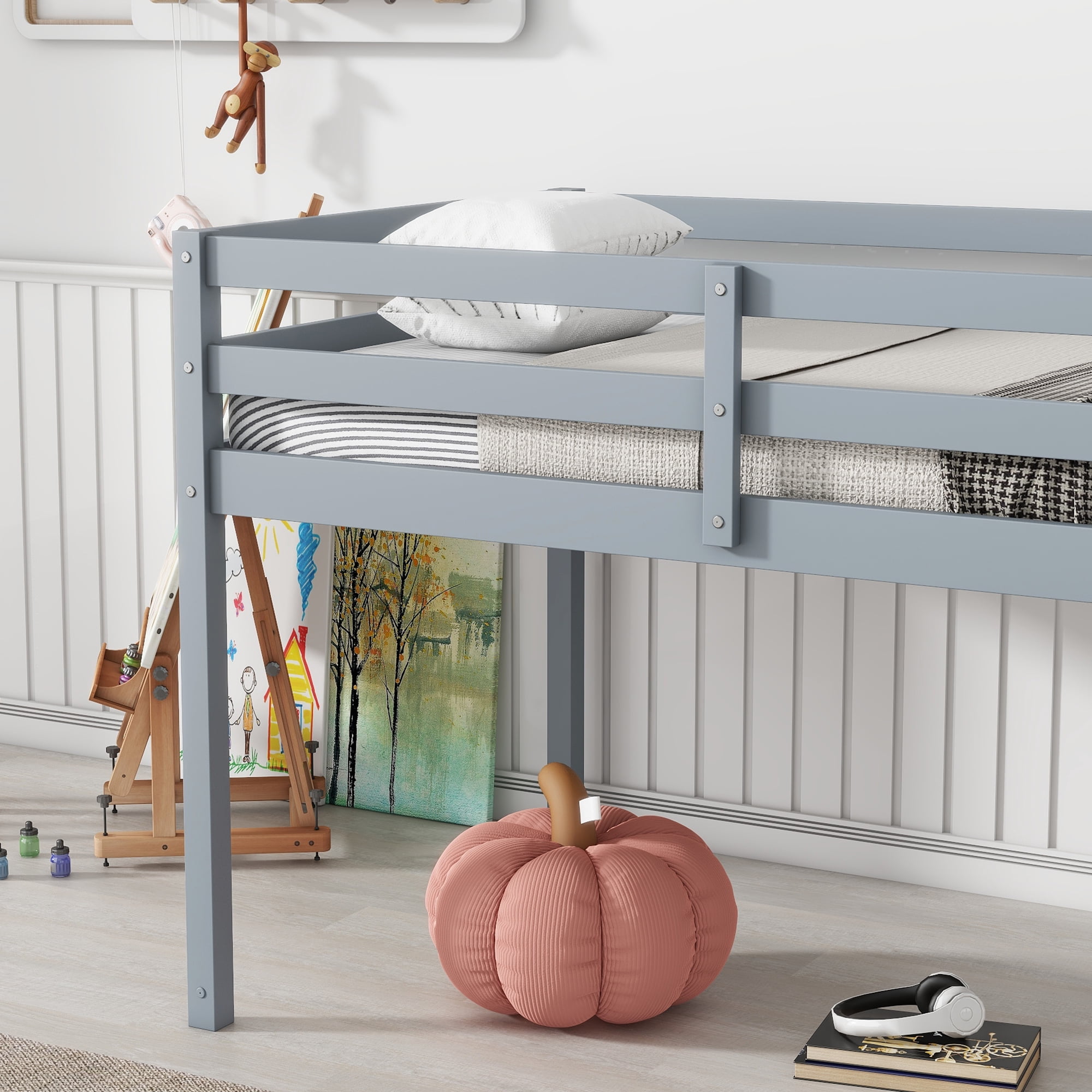 Alvantor Twin Loft Bed for Kids Wooden Bed Frame with Stairs, No Box Spring Needed, Grey