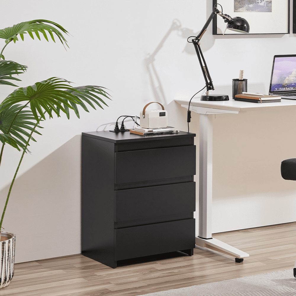 Renwick Minimalistic 3-Drawer Nightstand with Charging Station for Bedroom, Adults, Black